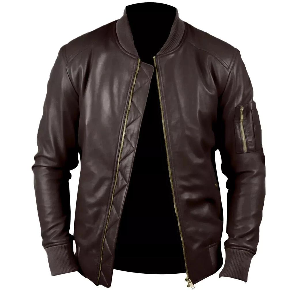 Genuine Men's Jacket Brown Leather Handmade Lambskin Stylish Soft Motorcycle