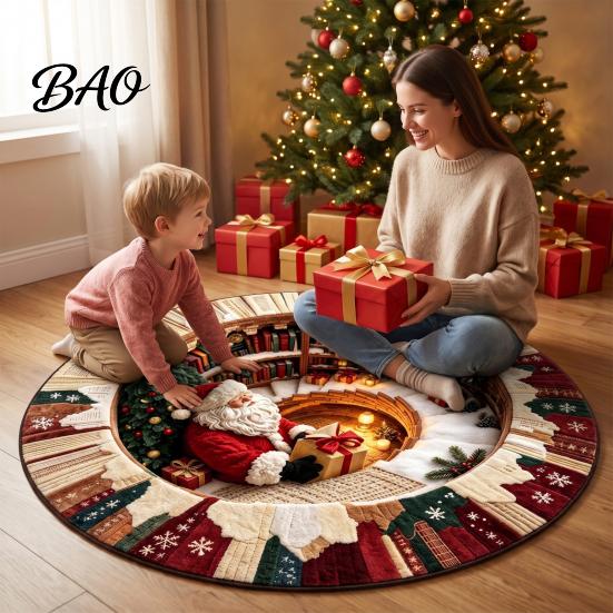 Living Room Xmas Rug 3D Optical Illusion Round Christmas Rug, Cute Santa Claus Crystal Velvet Floor Mat, Non Slip Decor Vivid Printed Circular Carpet