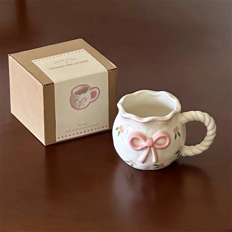 Cute Bow Thickened Ceramic Cup Hand Draw Knot Bow Irregular Mug Cups Coffee Milk Drinks Cup
