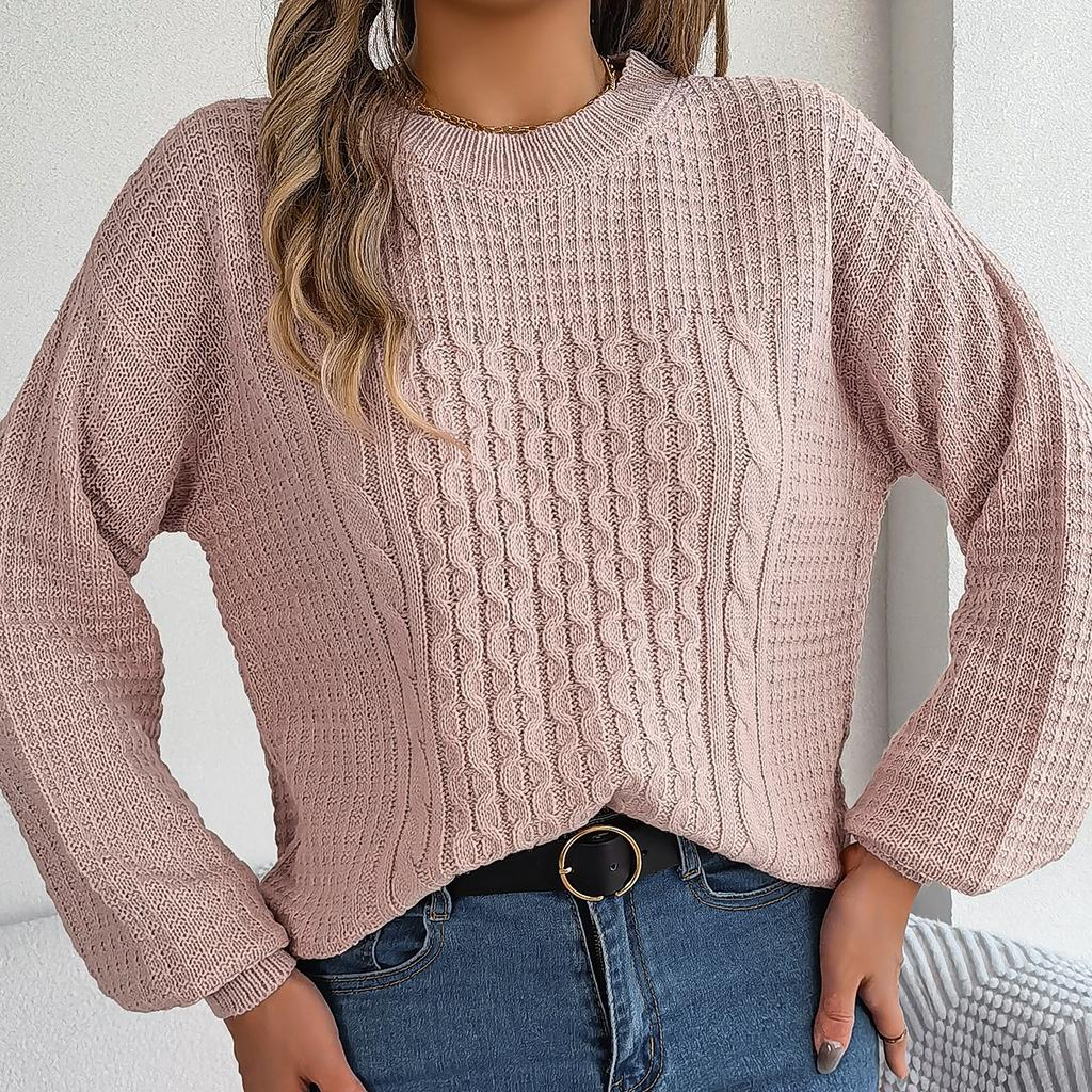 GMXIA Women's Fashion Casual Solid Color Autumn Winter Long Sleeve Round Neck Loose Twist Lantern Sleeve Pullover Sweater