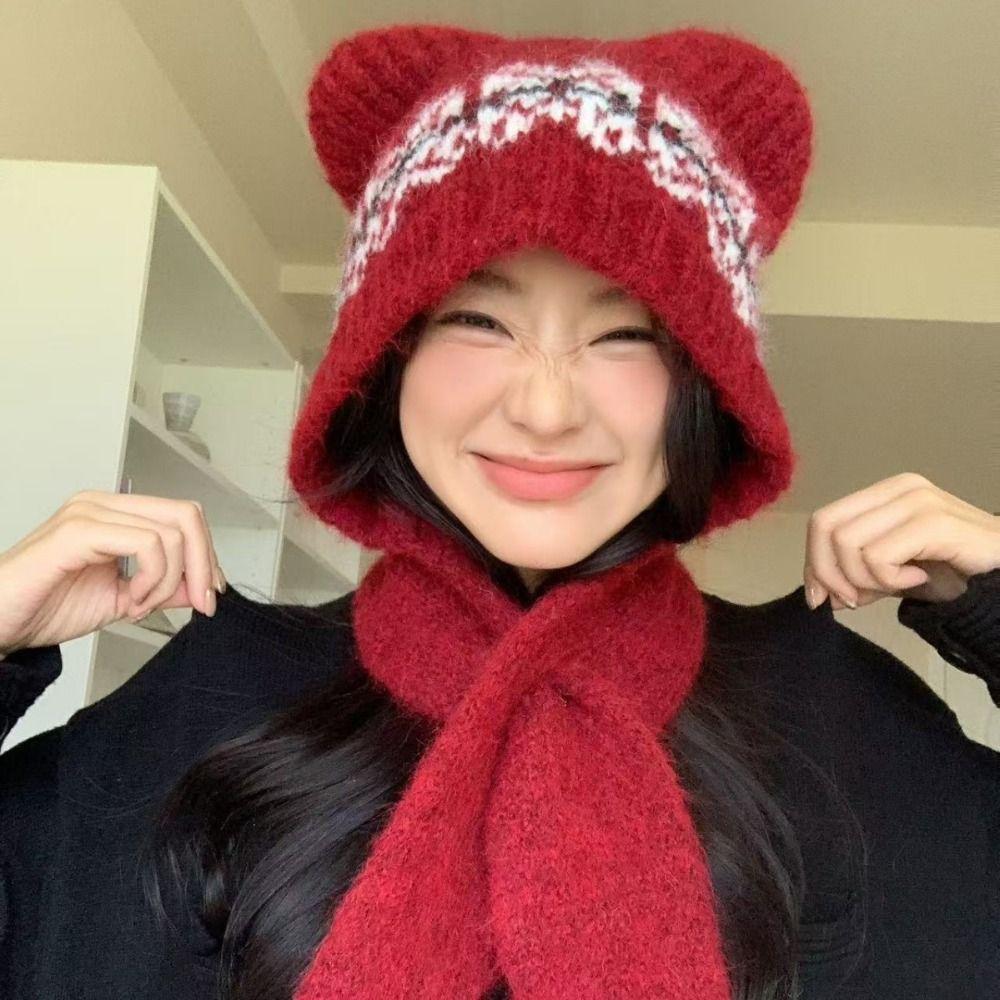 Ethnic Style Jacquard Knitted Hat Fair Isle Style Printing Knit Cap Cute Bear Ears Beanies  Outdoor