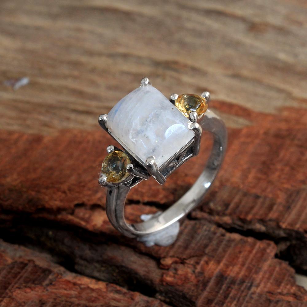 Natural Moonstone Citrine Ring Solid 925 Sterling Silver Birthstone Jewelry Statement Ring