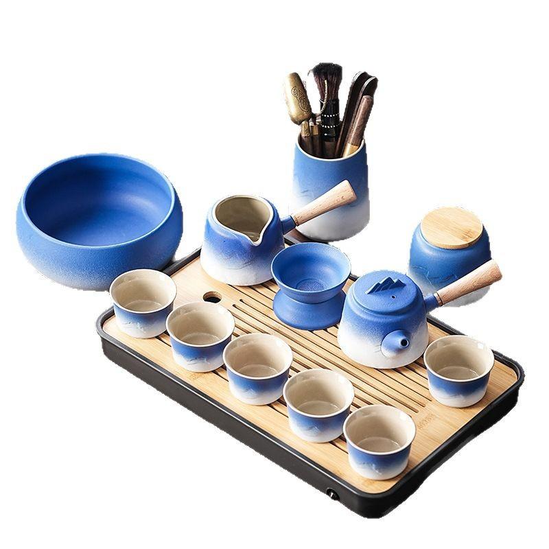 Tea Set Household Tea Pot Business Gifts Gradual Change Blue and White Coarse Pottery High-end Light Luxury Tea Set Side Pot