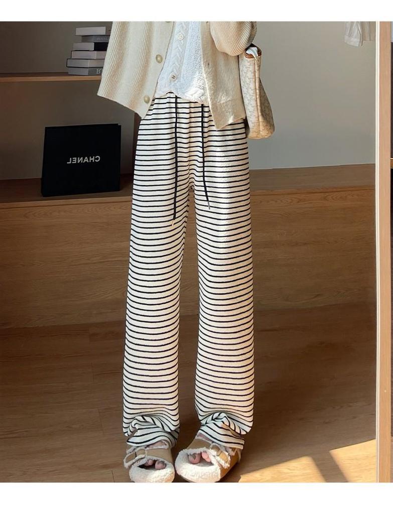 Women's 2025 Striped Terry Pants - Autumn/Winter Casual Lazy Stroll, Narrow Straight Leg, Wide Leg Trousers.