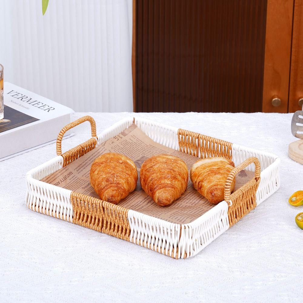 With Handles Woven Serving Tray Washable Imitation Rattan Fruit Plate  Kitchen Storage