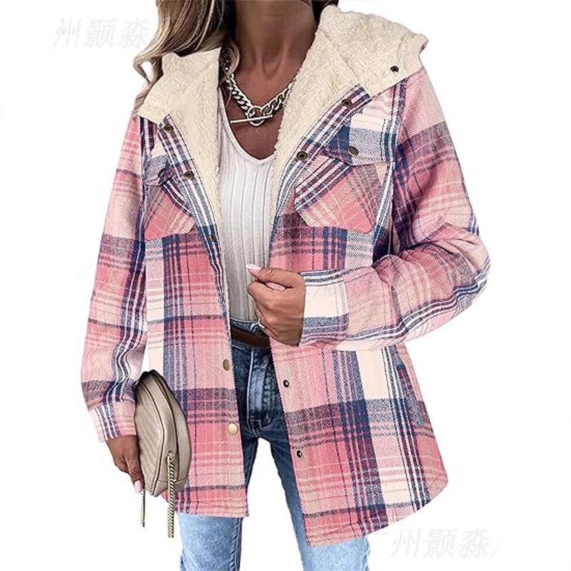 Women's Plaid Shacket with Faux Fur Trim, Loose Fit Long Sleeve Shirt Jacket, Casual Button Down Top, Fall Winter Flannel Overshirt, 3 Colors