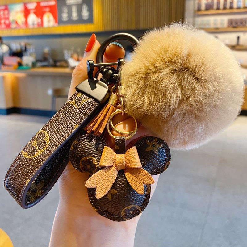 Exquisite Classic Leather Old Flower Car Pendant Keychain with Cute Ball Cartoon Rex Rabbit Fur for Women's Bags