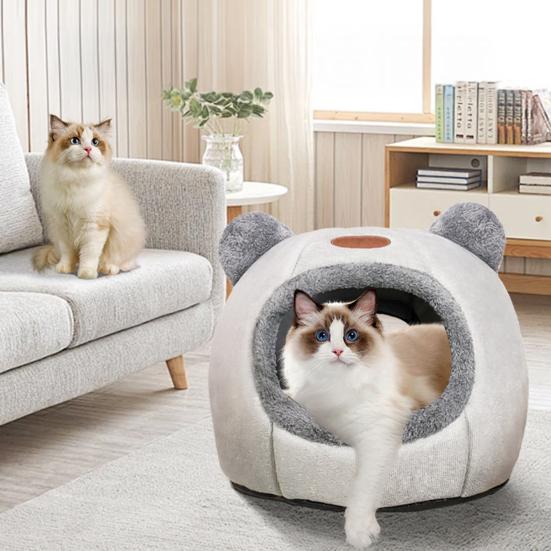 Cute Cat Cave Bed Cozy Pet Bed with Bear Ears Non-Slip Bottom Winter Cat Nest with Removable Washable Cushion for Indoor Cats Puppies