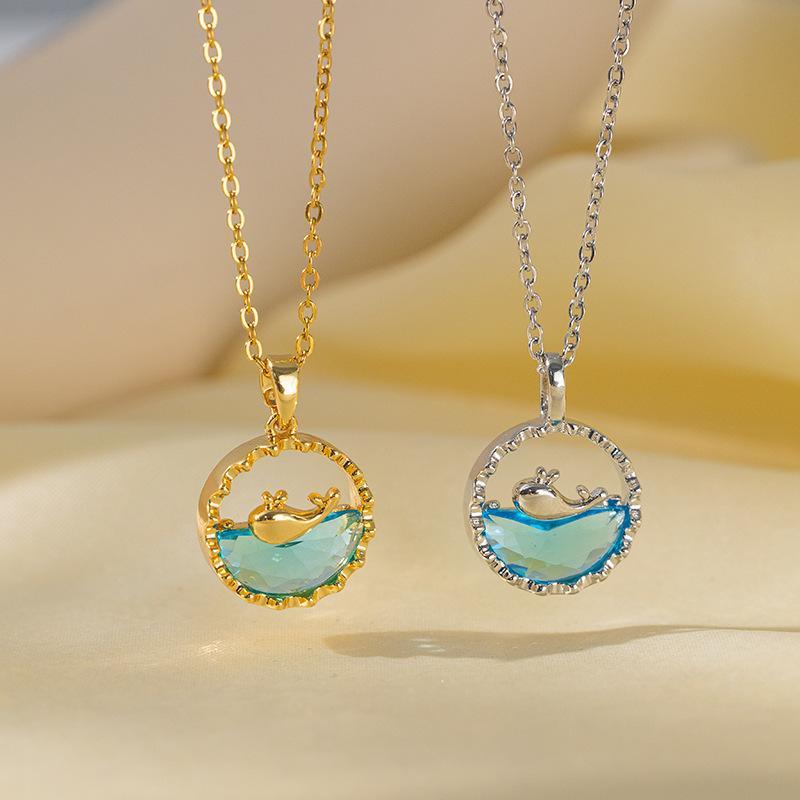 Cute Sweet Blue Crystal Sea Whale Pendant Necklace For Women New Creative Design Summer Collar Jewelry Gift