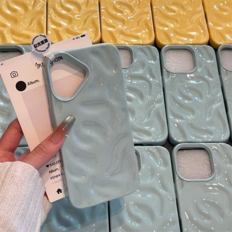 Luxury 3D Wrinkle Case For iPhone 16 15 14 Plus Pro Max 12 11 13 Candy Solid Color Wave Pattern Soft Silicone Aesthetic Cover