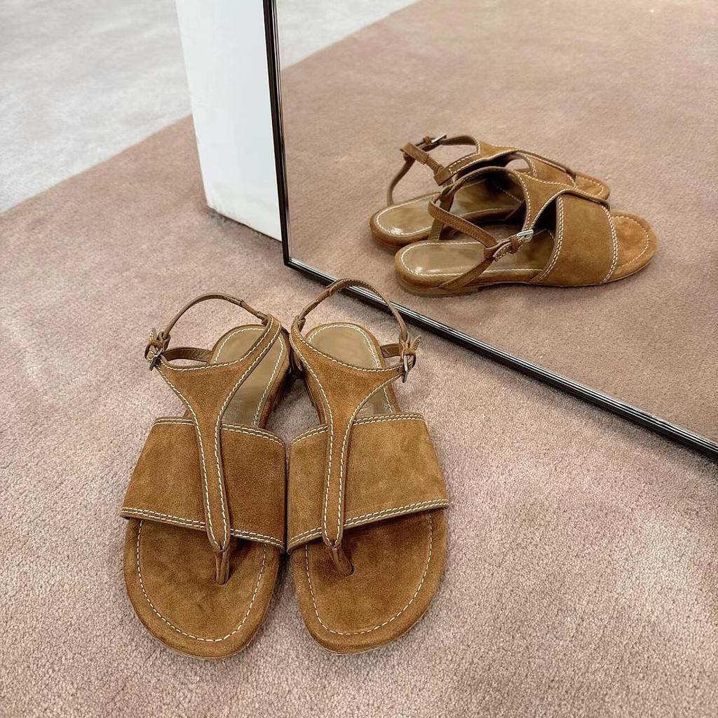 2025 neue Sommer Wildleder Zehen flache Römersandalen Damen Leder Retro vielseitig Fersenriemen coole Pantoletten