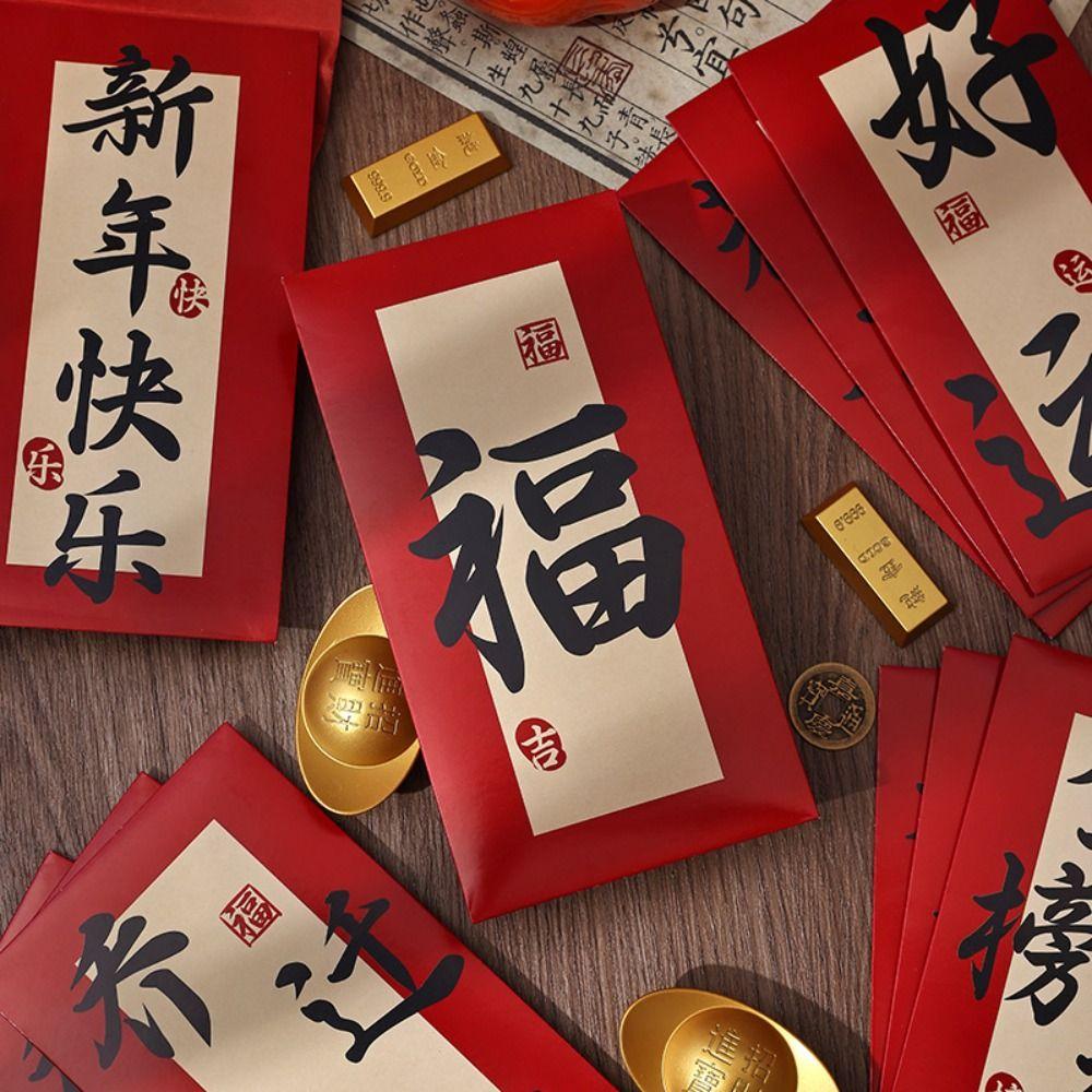 6pcs Blessing Chinese Calligraphy Red Envelopes Hongbao Red Packet New Year Money Pocket Bonus
