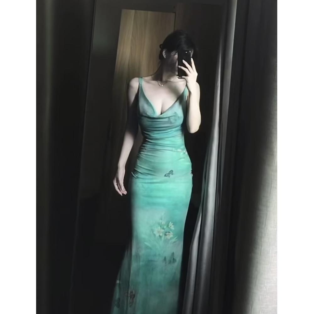 Butterfly Print Swinging Collar Suspender Dress Women's Summer Fishtail Skirt Waist Skirt Showing Figure Hip-wrapped Dress