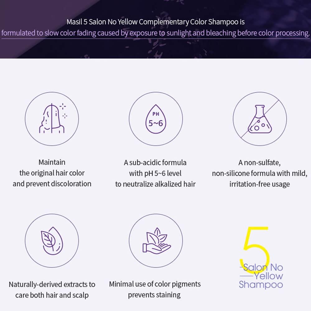 Masil 5 Salon No Yellow Complementary Color Shampoo 150 ml Perfektní péče o vlasy Udržující barvu vlasů Pro zdravé vlasy, skvrnité barvy na vlasy