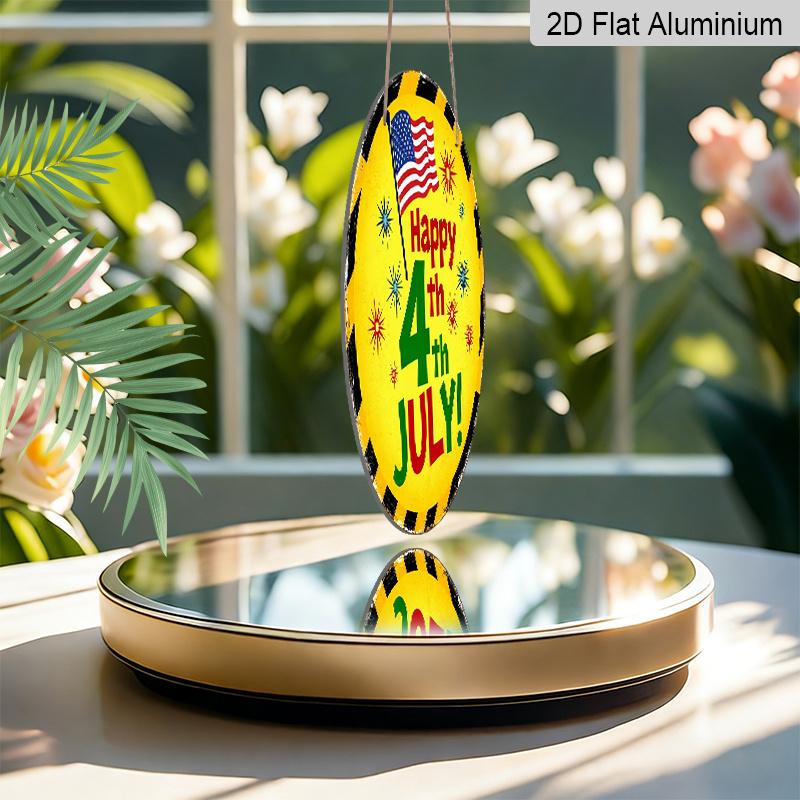 2D Flat, 1pc Round "Happy 4th of July" Aluminum Hanging Sign, Patriotic USA Flag Firework Design, Retro Yellow Black Border Metal Wall Decor, Perfect