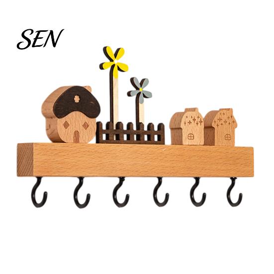 Home Organization Accessory Solid Wood Key Holder with 6 Hooks, Decorative Wall Hanging Storage Rack, Hooks Space Saving Mounted Organizer for