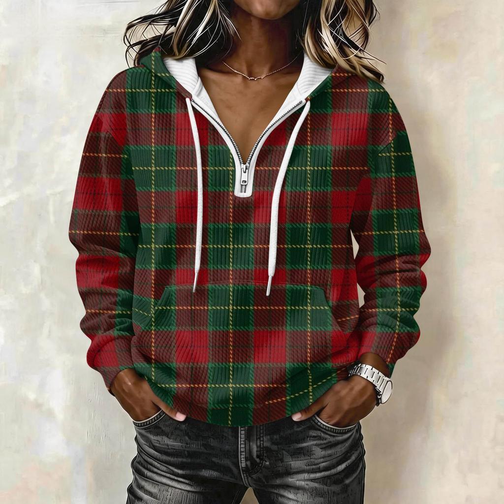 Women's Long Sleeve Drawstring Hoodie with Striped Plaid Print Pullover Sweatshirt