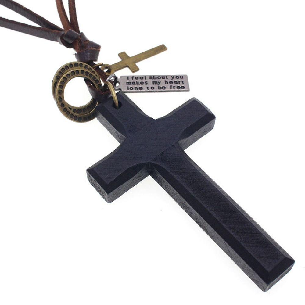 Metal Tags Wood Cross Necklace Religious Crucifix Pendant Chain Handmade Cross Necklace  Women