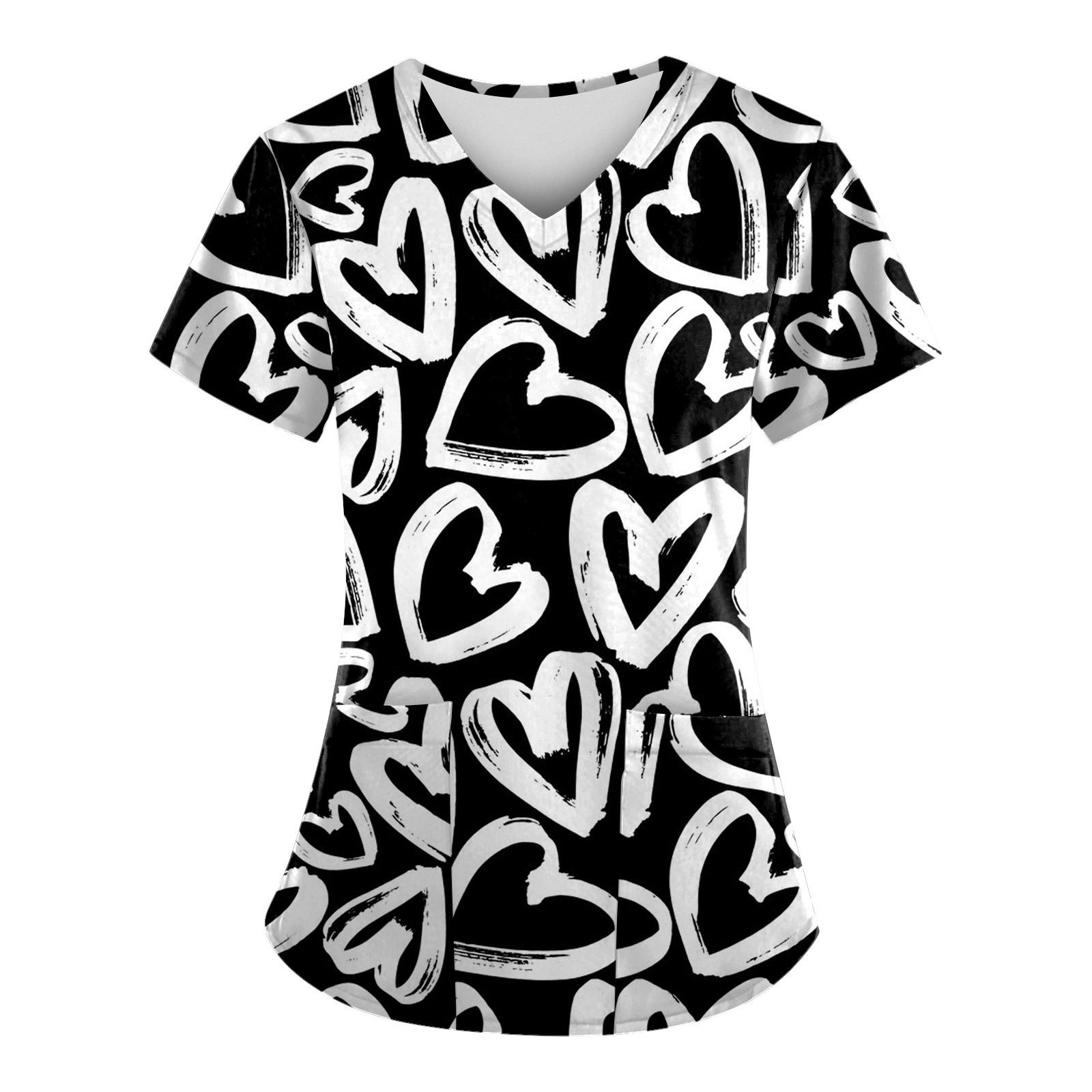 

Женская мода, рабочая одежда с v-образным вырезом и короткими рукавами с принтом ко Дню святого Валентина и топы с карманами XXXL белый