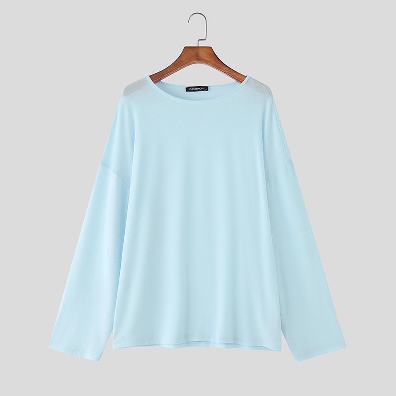 INCERUN Весна Мужские Футболки с Длинным Рукавом Полупрозрачные Эластичные Топы Майки 5XL синий