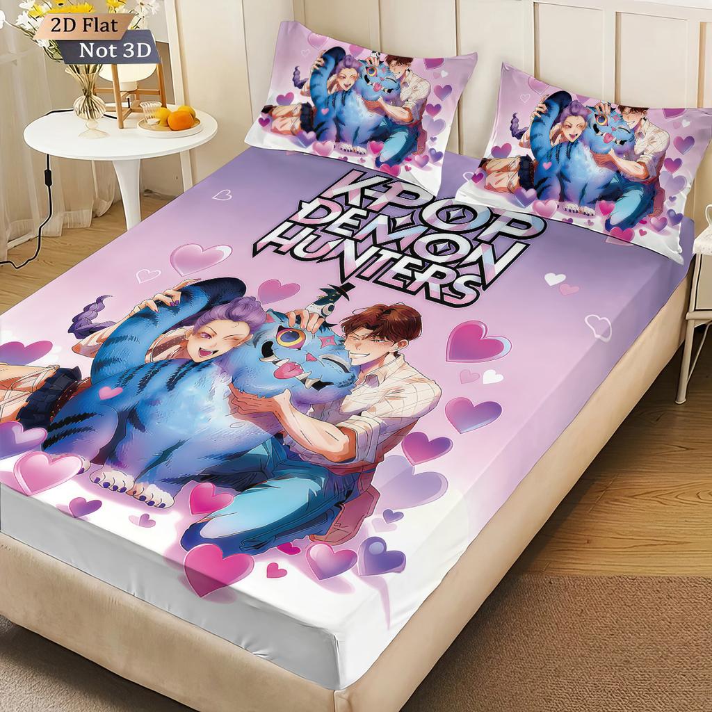 3pcs K-Pop Demon Hunters Print Coreless Fitted Sheet Set Multiple Size Bedrooms Dormitory Bedcover Decoration Machine Washable