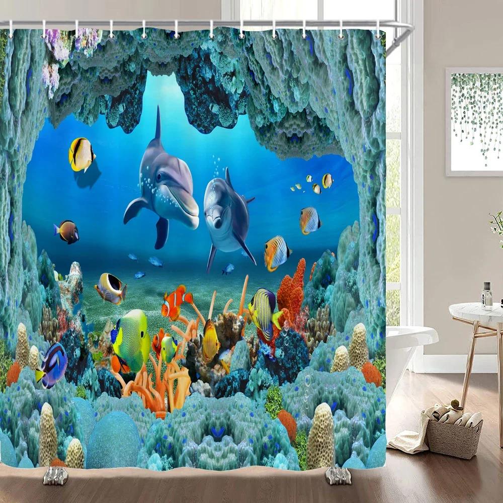 Unterwasserwelt Fisch Schildkröte 3D Duschvorhänge Ozean Delfin Meereslandschaft Stoff Wasserdicht Badvorhang Badezimmerdeko Sichtschutz