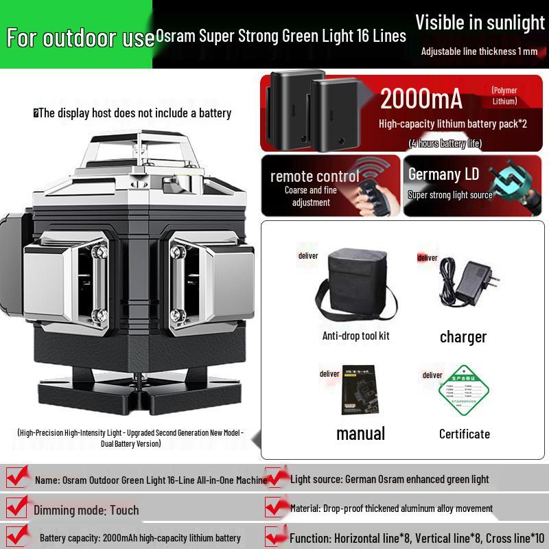 High-Precision 16-Line Green Laser Level for Walls and Floors with Automatic Self-Leveling and Infrared Technology.