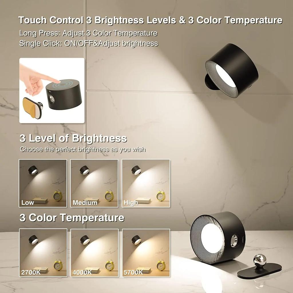 Modern LED Wall Sconces Lamp, 2000mA Battery USB Charging, Touch Controlled 3-level Brightness Modes, 360 Degree Free Rotation