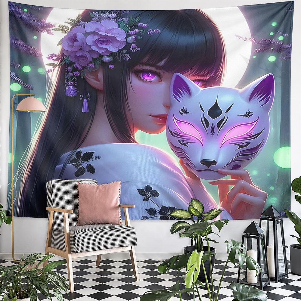 "Elegant Woman with Fox Mask" Pattern Wall Hanging Tapestry Decorative Tapestry Home Decor for Bedroom and Living Room