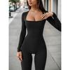 2024 European & American Solid Color Seamless Long Sleeve Yoga Jumpsuit with Flared Pants