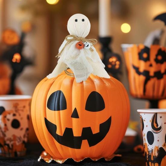 Halloween Ghost Tree Topper 7 Inch Small White Cloth Ghost Treetop Ornament with Bells for Home Party Supplies
