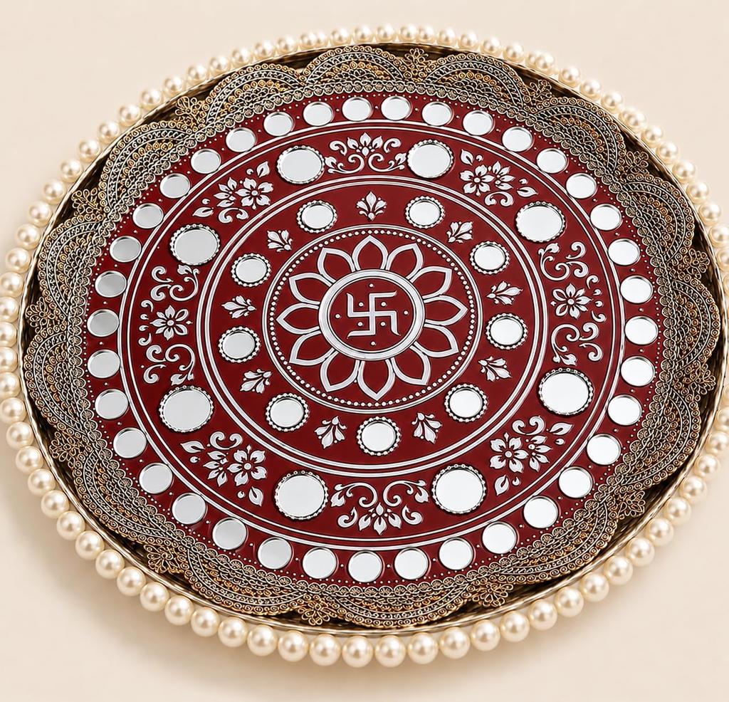 Handcrafted Mirror Work Pooja Thali – Decorative Aarti Plate for Diwali, Karwa Chauth, Navratri