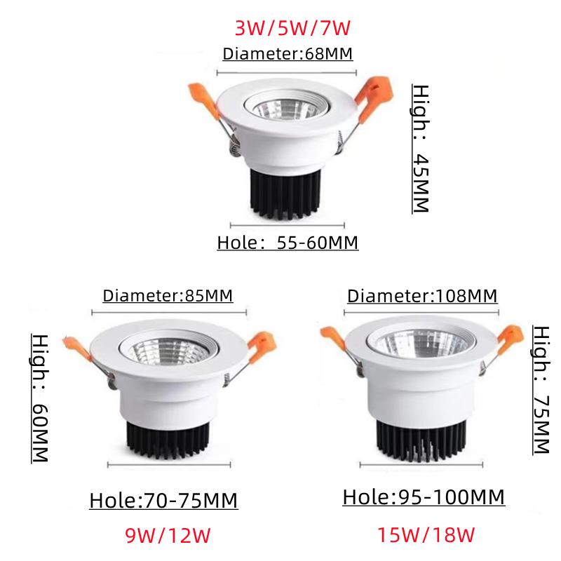 New LED Downlights Angle Adjustable COB Ceiling Lamp Spot Lights 3W 5W 7w 9w 12w 15w18w Rotating AC85-240VDimmable Recessed