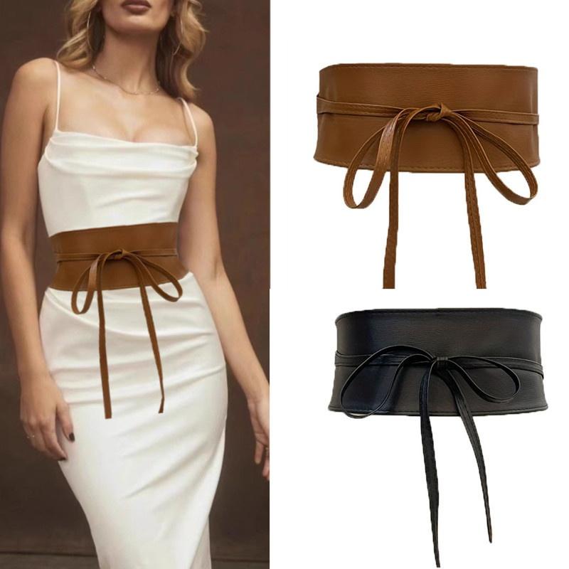 Boho Belt For Women Bowknot Faux Leather Wrap Around Obi Style Cinch Waistband Black Cummerbund Brown Women Wide Corset Belt
