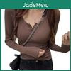 Sleeve Buttons Retro Vneck Long Rib Knit Tshirt Womens Early Autumn Thin Slim Basic Tees Top