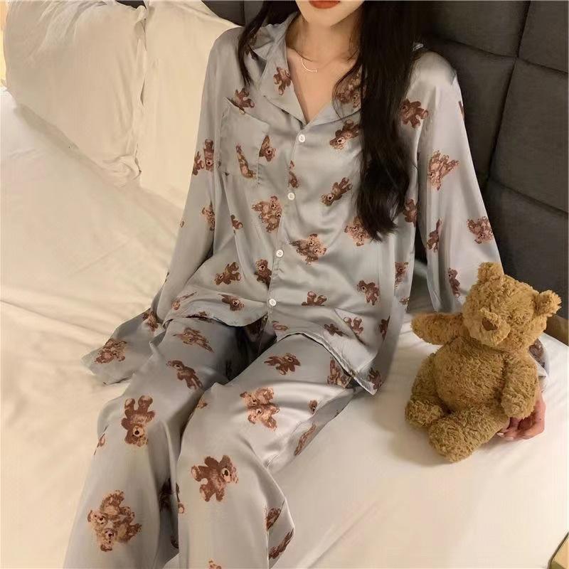 Ice Silk Pajamas Women Long Sleeve Lace Green Premium Sense Two Piece Sweet Homewear Love Blue