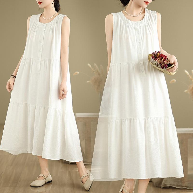 

Женское летнее платье-миди без рукавов с круглым вырезом из хлопка и льна однотонной расцветки, новое поступление 2025 года, повседневное платье-майка большого размера в стиле фан M белый
