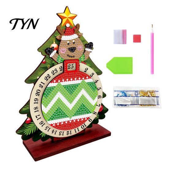 Creative Christmas Gift DIY Rhinestone Painting Countdown Calendar, 25 Days Rotating Winter Wonderland Decor Tree Advent Wooden Tabletop Ornament for
