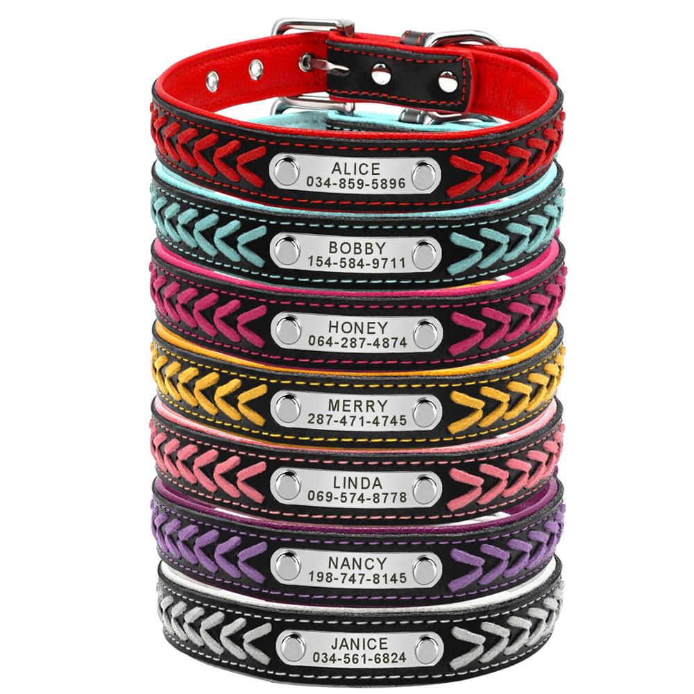 Personalized Dog Collar Leather Padded Dogs Braided Collars Free Engraving Pet ID Tag Nameplate for Small Medium Large Dogs