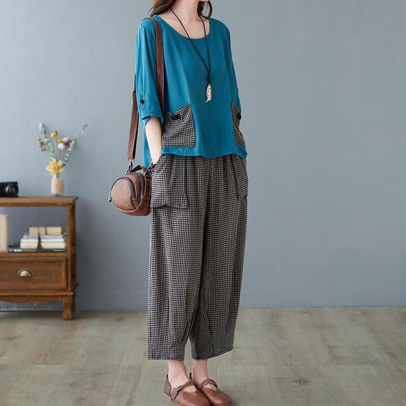 

Летний костюм из 2 предметов, женская хлопковая футболка, брюки, удобный двухкомпонентный топ с короткими рукавами и длинные брюки, свободный повседневный костюм XXXL синий