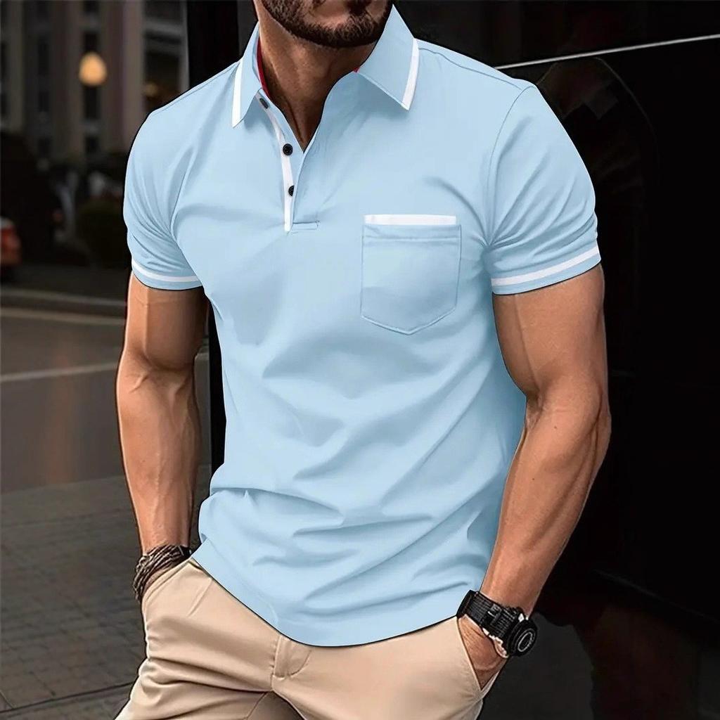 Men Clothes Summer Casual Short Sleeve Lapel Golf Polo Shirt Pocket Stitching Tops Polo Shirt