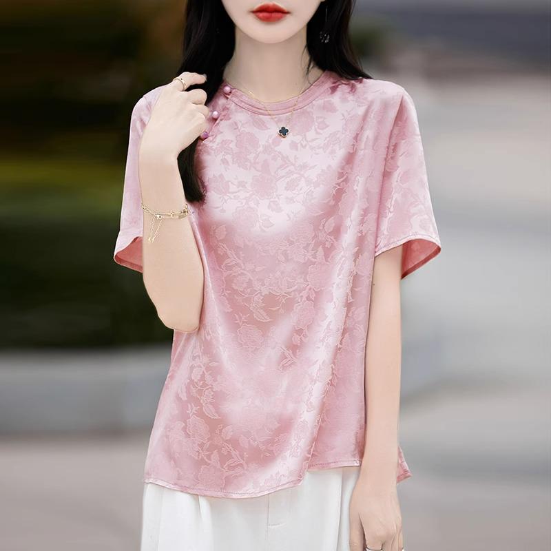 Women's 2026 Summer Silk Jacquard Short-Sleeve Top with Frog Buttons - New Chinese Style, Round Neck, Loose Fit