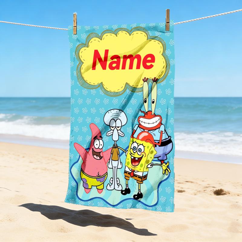 Custom Name SpongeBob Art Stylish Digital Printing Beach Towel Quick‑Drying Absorbent Blanket for Beach Pool Gym Travel