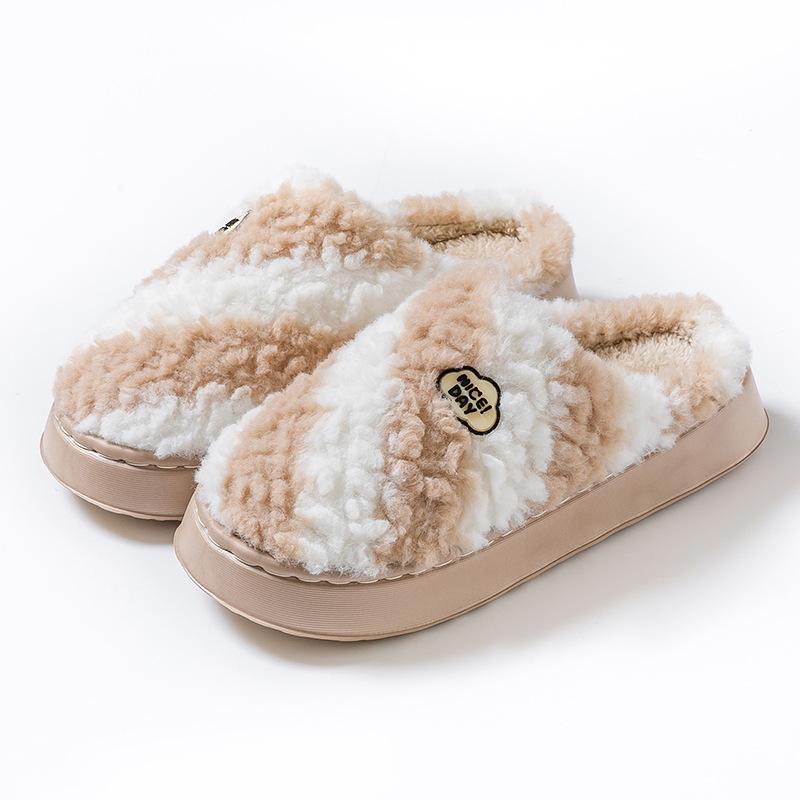 Two-color Plush Embroidered Cotton Slippers for Stepping On Shit Autumn and Winter Home Warmth Thick Bottom and Light Couple Hair Slippers