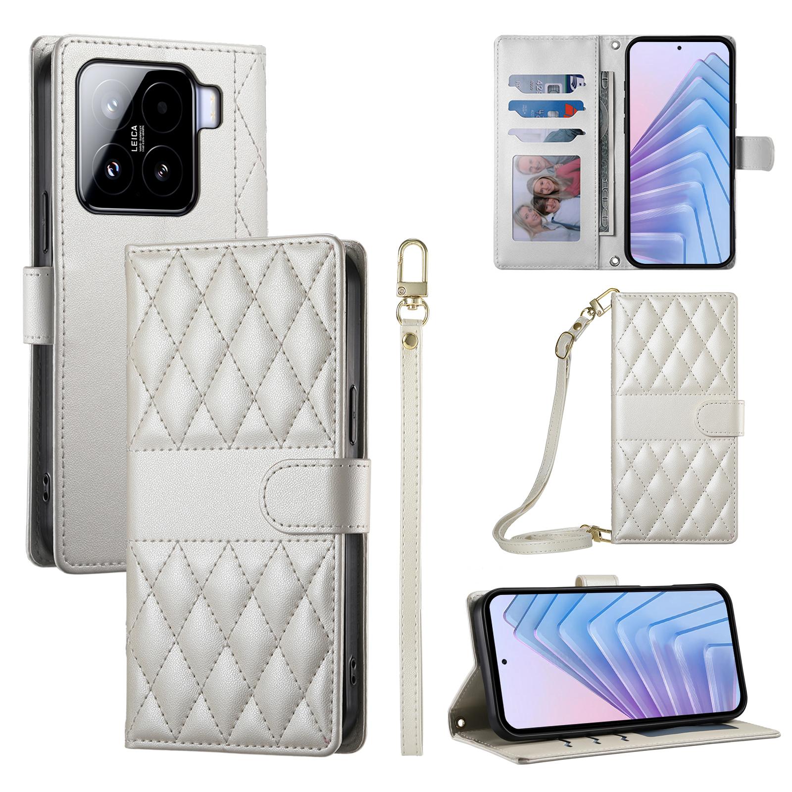 

For Xiaomi 15 Case Rhombus Stitching Wallet Stand Leather Phone Cover with Long/Short Strap Beige