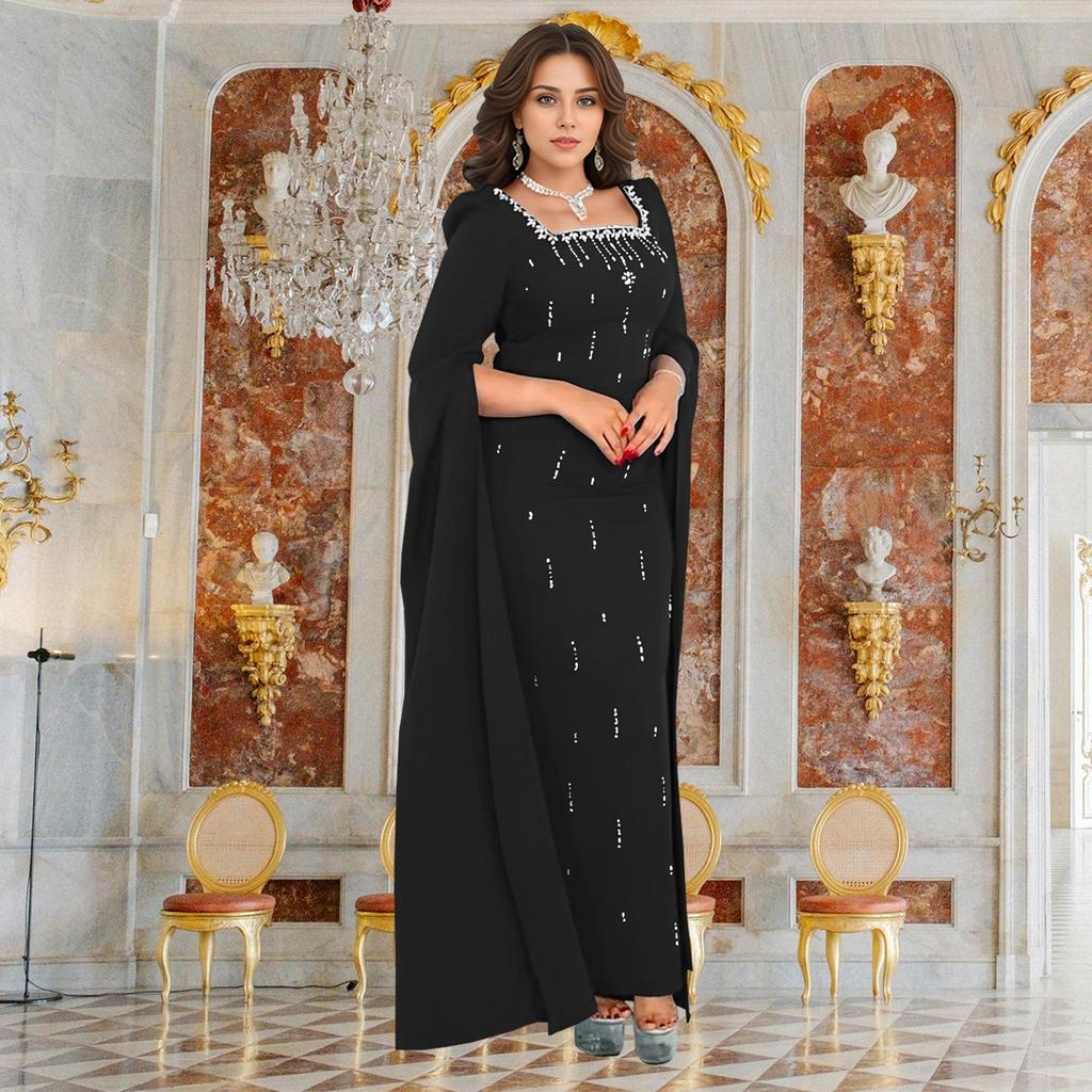Cross-Border Elegant Women's Dress with Back Slit, Cape Sleeves, and Rhinestone Details