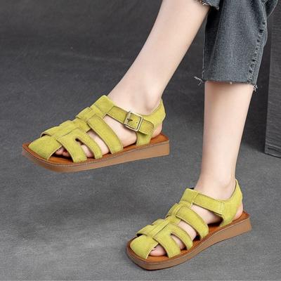 Genuine Leather Retro Hollow-out Breathable Sandals Casual Comfortable Women Flats Shoes