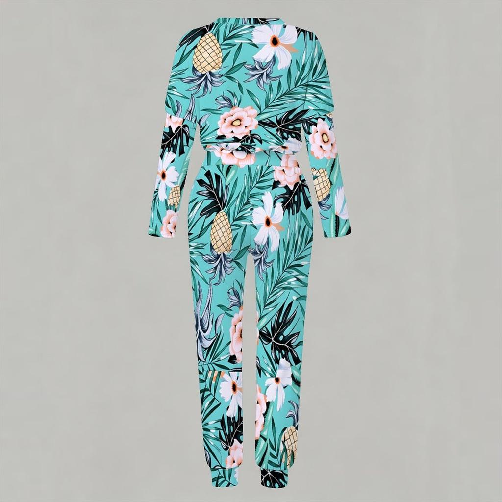 Ladies Crew Neck Long Sleeve Blouse And Elastic Waist Long Pants Two Piece Casual Outfit