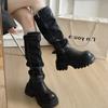 [Fanfna] Pleated Pile Boots Women's Belt Buckle Thick Bottom But Knee Knight Boots Skinny and Height Boots
