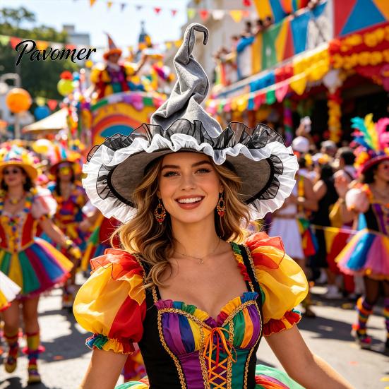 Retro-Stil Hexenhut Damen Großer Raffierter Hut, Halloween Filz Zauberer mit Rüsche/Blumen/Netz, Kostüm für Erwachsene Cosplay für Party, Maskenball Zubehör